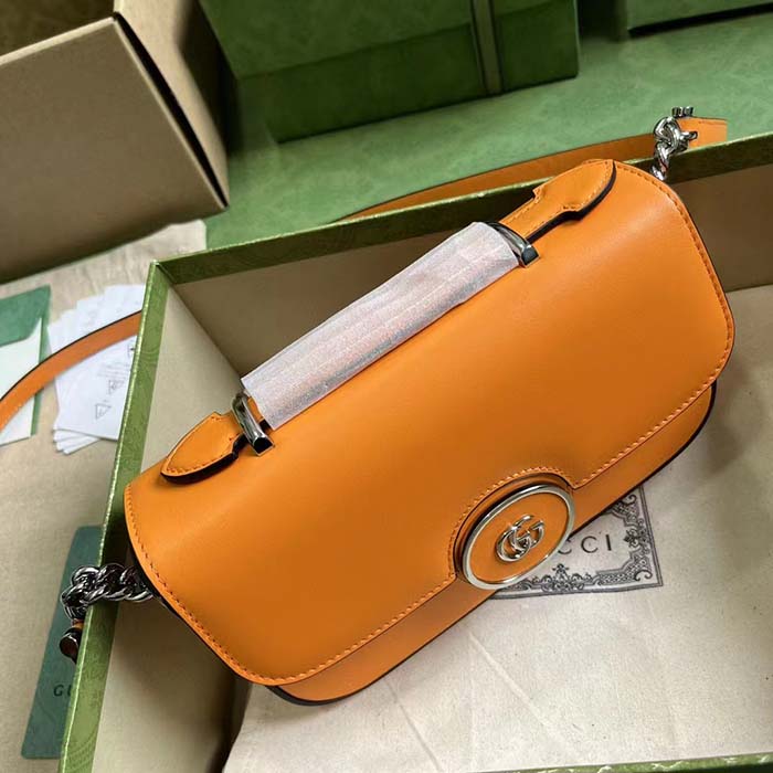 Gucci Women Petite GG Small Shoulder Bag Orange Leather Double G