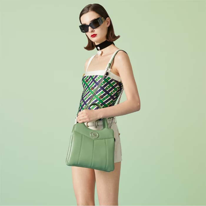 Gucci Women Petite GG Small Tote Bag Light Green Leather Double G