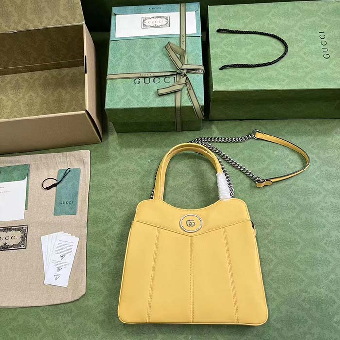 Gucci Women Petite GG Small Tote Bag Yellow Leather Double G