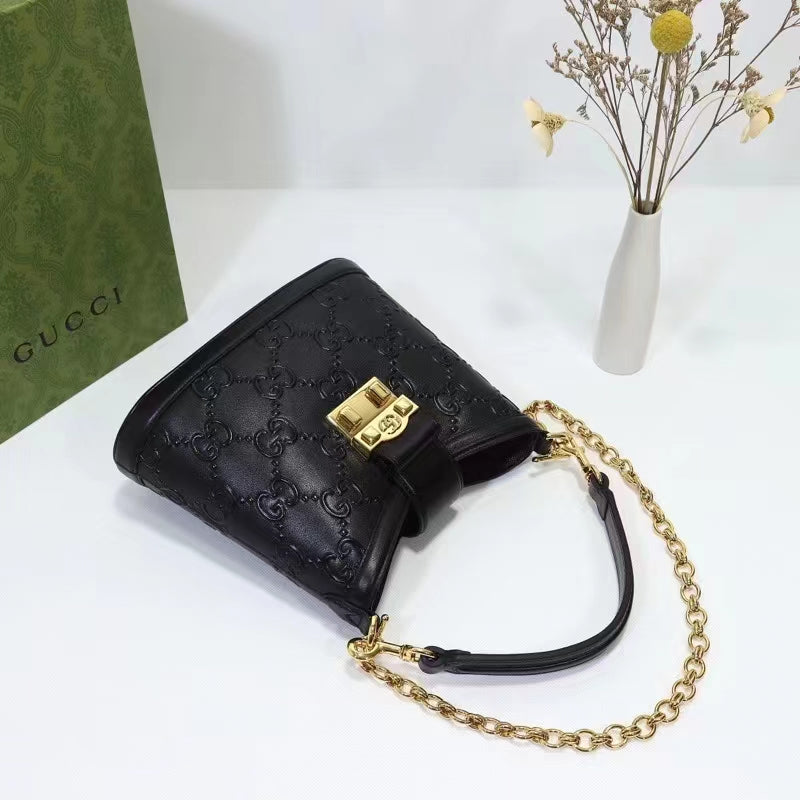 Gucci Women Small GG Shoulder Bag Black Debossed GG Leather