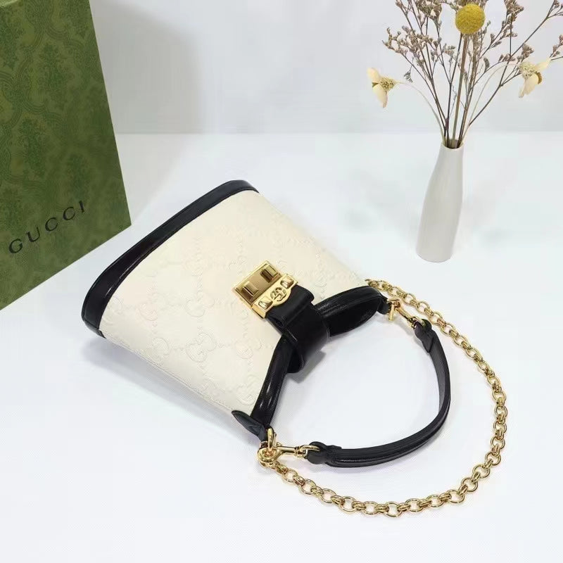 Gucci Women Small GG Shoulder Bag White Debossed GG Leather