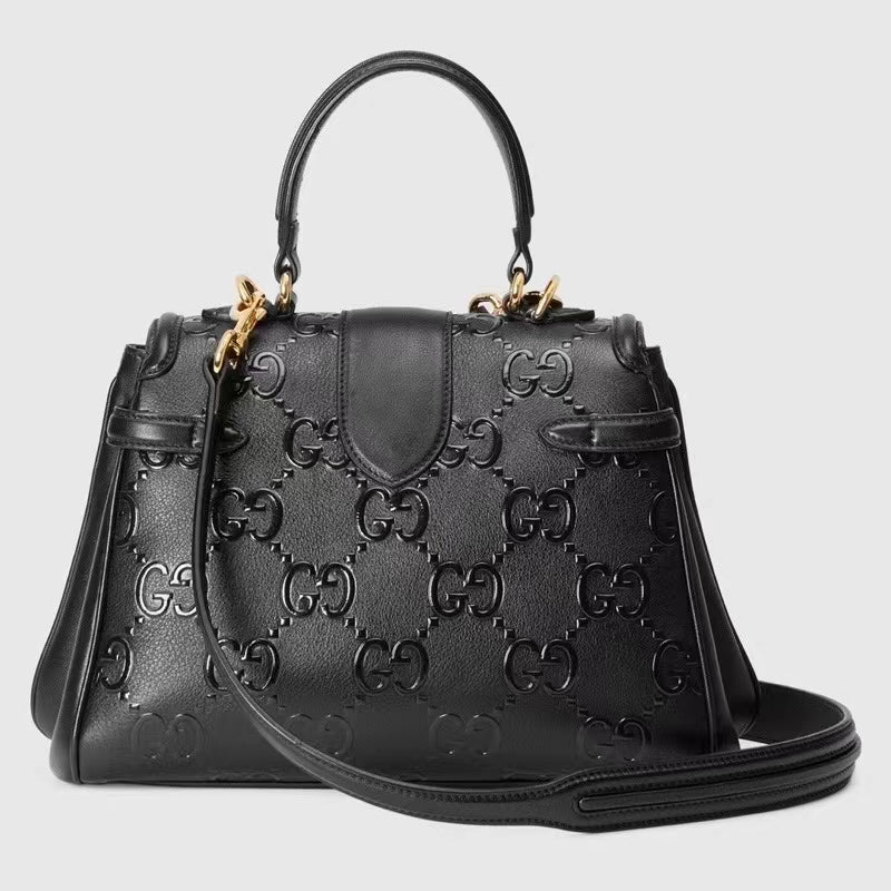 Gucci Women Small GG Top Handle Bag Black Debossed Leather Double G