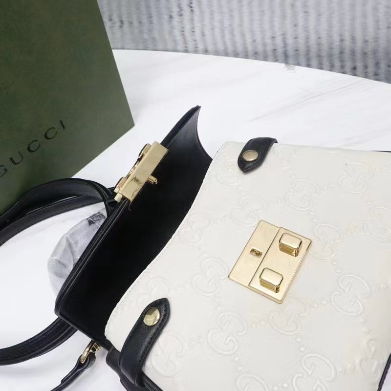 Gucci Women Small GG Top Handle Bag White Debossed Leather Double G