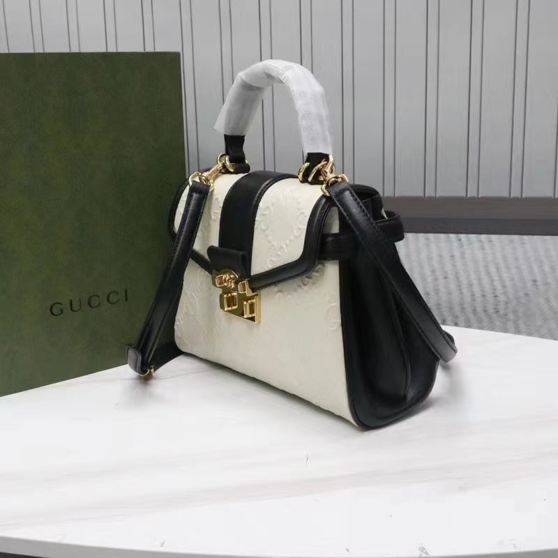 Gucci Women Small GG Top Handle Bag White Debossed Leather Double G