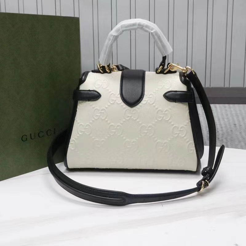 Gucci Women Small GG Top Handle Bag White Debossed Leather Double G