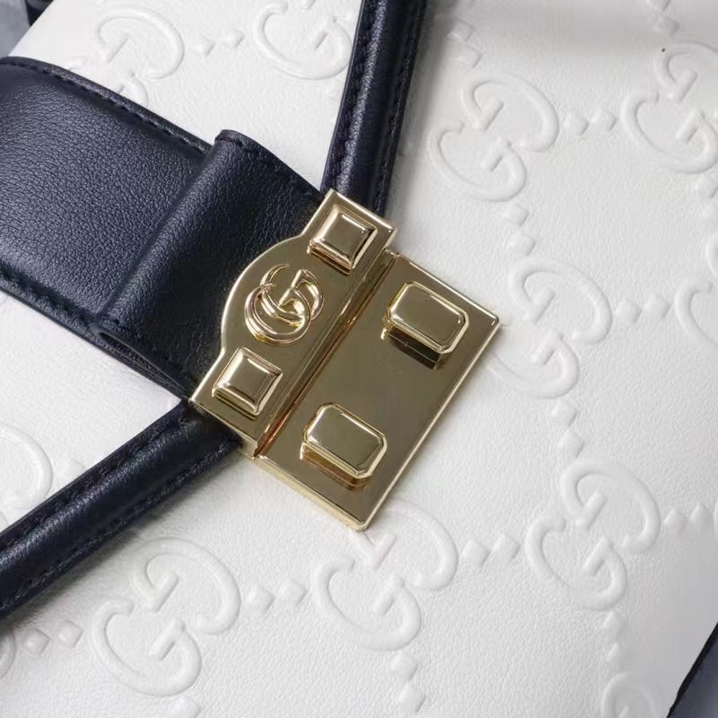 Gucci Women Small GG Top Handle Bag White Debossed Leather Double G