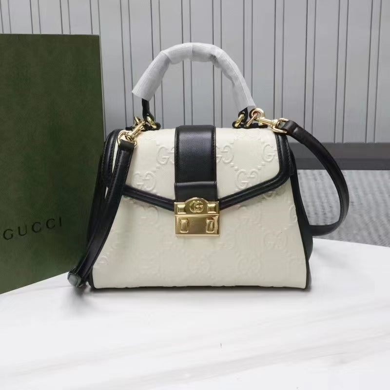 Gucci Women Small GG Top Handle Bag White Debossed Leather Double G