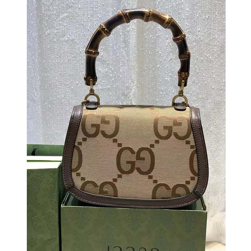 Gucci Women Small Jumbo GG Bag Bamboo Camel GG Canvas Brown Leather