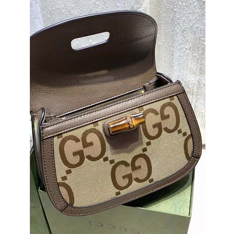 Gucci Women Small Jumbo GG Bag Bamboo Camel GG Canvas Brown Leather