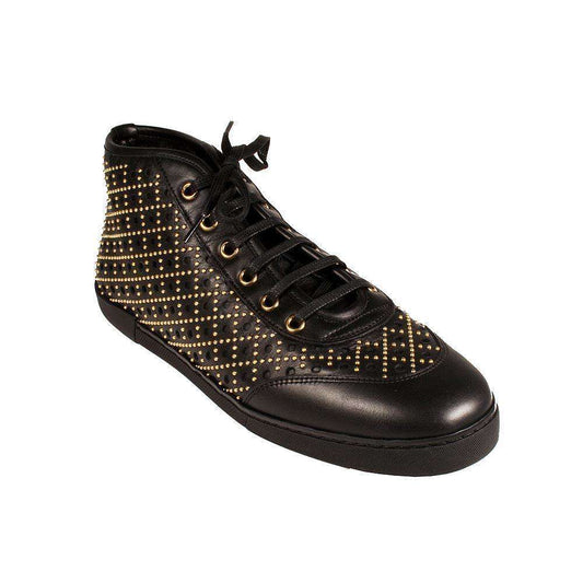 Gucci Women's Designer Shoes Black Leather Laser Cut Brass Studded High-Top Sneakers (GGW3000)