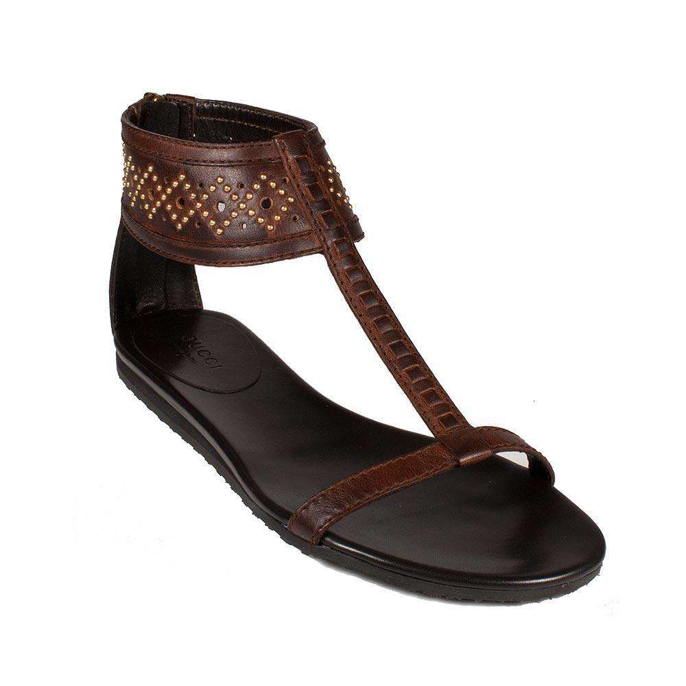 Gucci Women's Designer Shoes Designer Leather T-Strap Sandals Brown(KGGW2706)