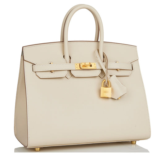 Hermes Special Order (HSS) Birkin Sellier 25 Craie and Gris Perle Epsom Brushed Gold Hardware