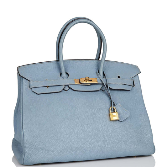 Pre-owned Hermes Birkin 35 Bleu Lin Togo Gold Hardware