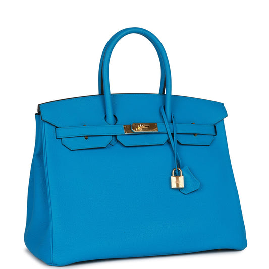 Pre-owned Hermes Birkin 35 Bleu Zanzibar Togo Gold Hardware