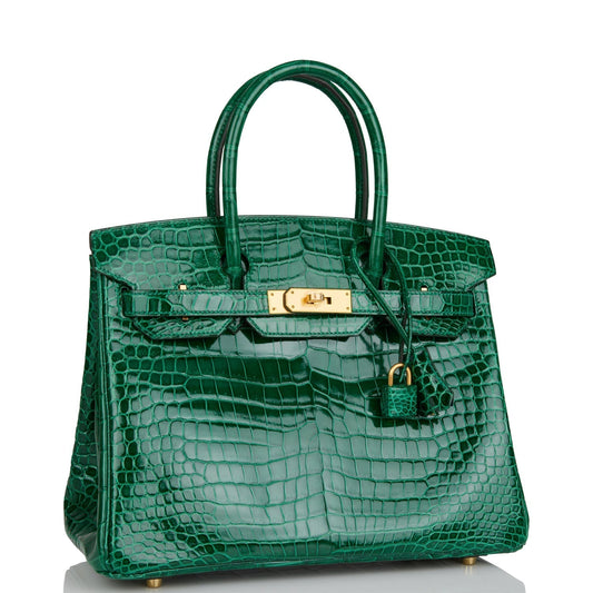 Hermes Special Order (HSS) Birkin 30 Emerald Verso Shiny Porosus Crocodile Brushed Gold Hardware