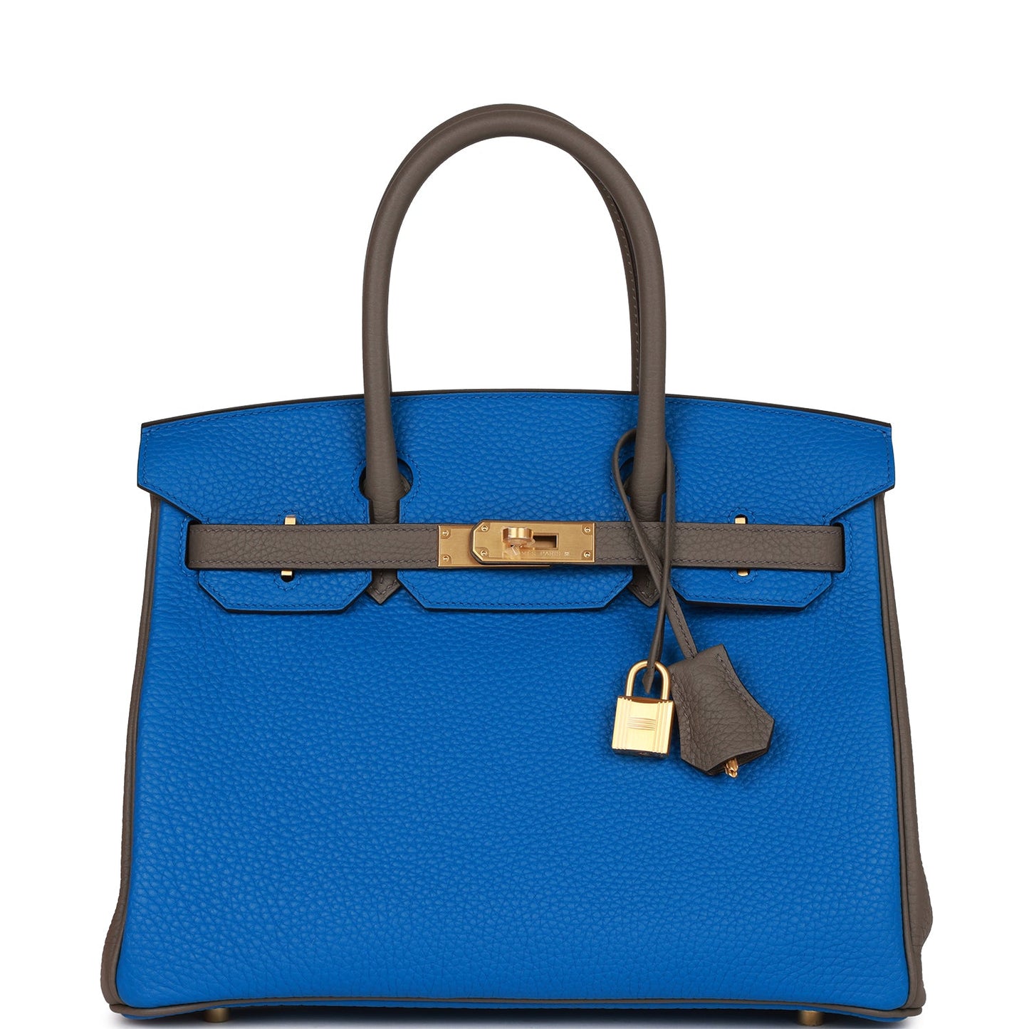 Hermes Special Order (HSS) Birkin 30 Bleu Electrique and Etain Clemence Brushed Gold Hardware