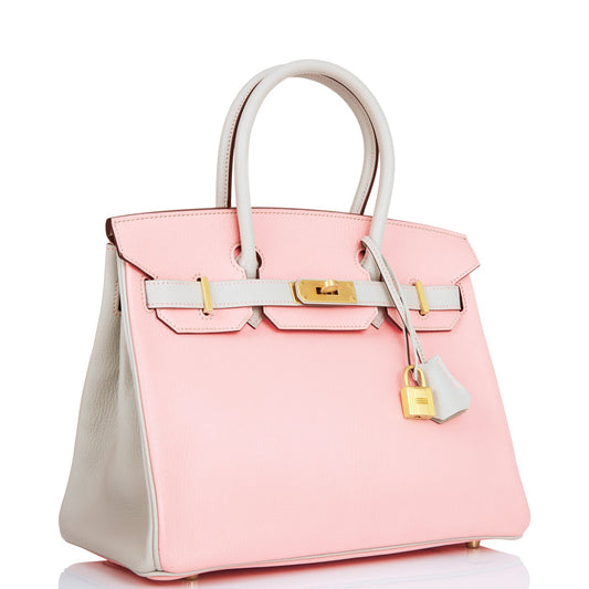 Hermes Special Order (HSS) Birkin 30 Rose Sakura and Gris Perle Chevre Brushed Gold Hardware