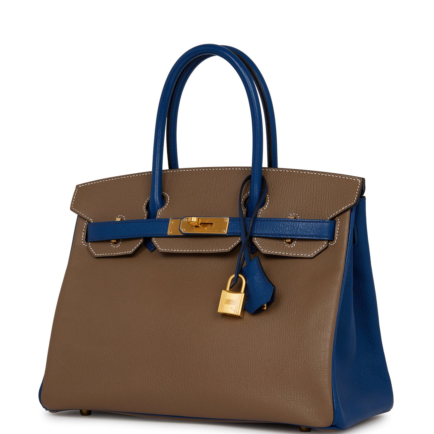 Pre-owned Hermes Special Order (HSS) Birkin 30 Etoupe and Bleu Saphire Chevre Brushed Gold Hardware