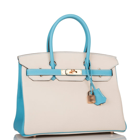 Hermes Special Order (HSS) Birkin 30 Craie and Bleu Atoll Togo Rose Gold Hardware