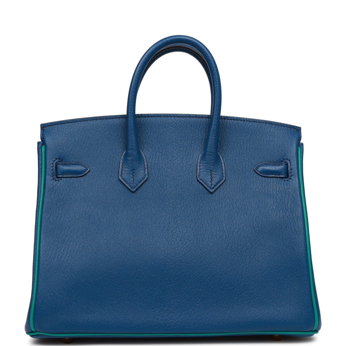 Hermes Special Order (HSS) Birkin 25 Bleu Saphir and Vert Vertigo Chevre Brushed Gold Hardware