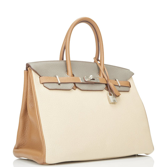 Pre-owned Hermes Special Order (HSS) Birkin 35 Parchemin, Gold and Etain Clemence Brushed Palladium Hardware