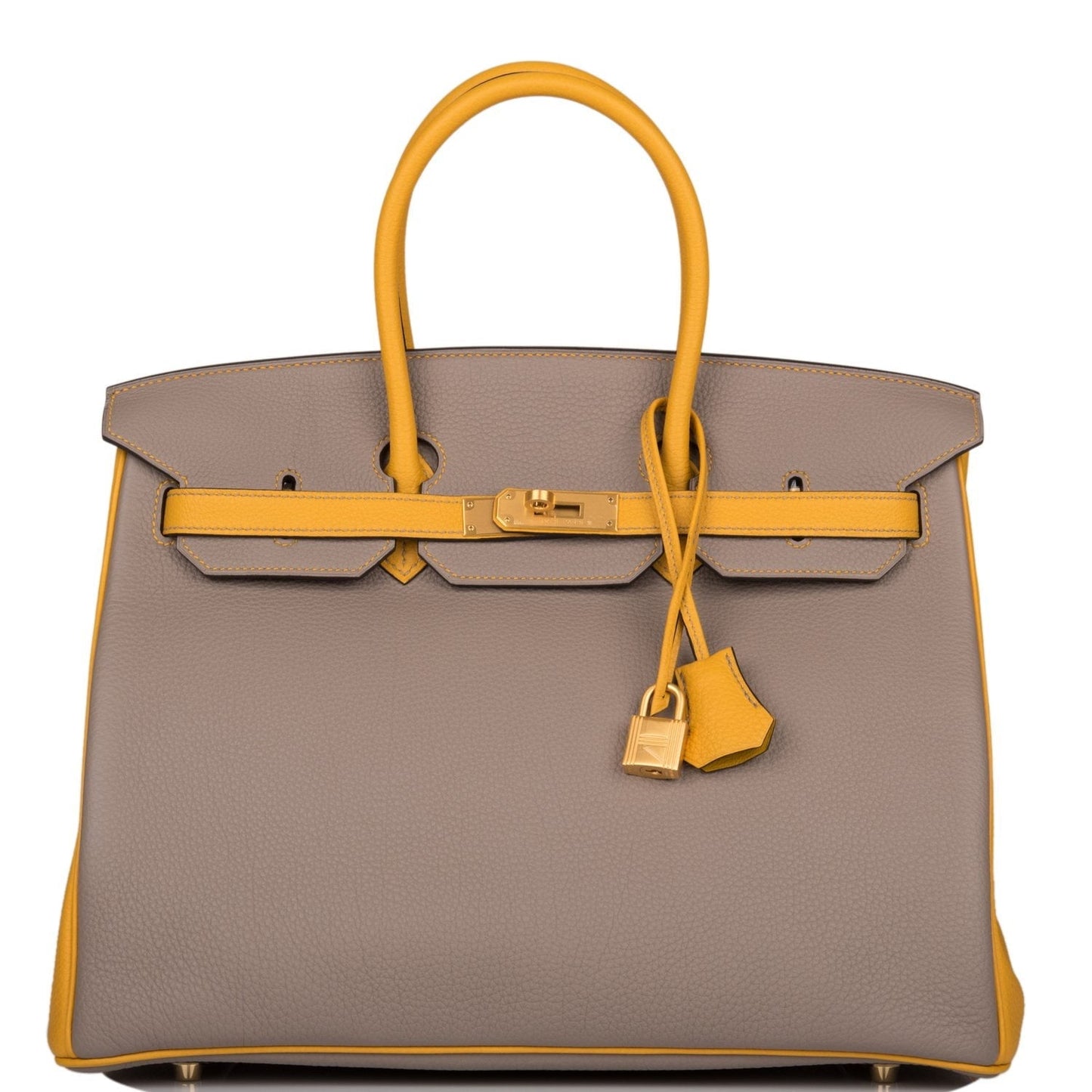 Hermes Special Order (HSS) Birkin 35 Etoupe and Jaune Ambre Togo Brushed Gold Hardware