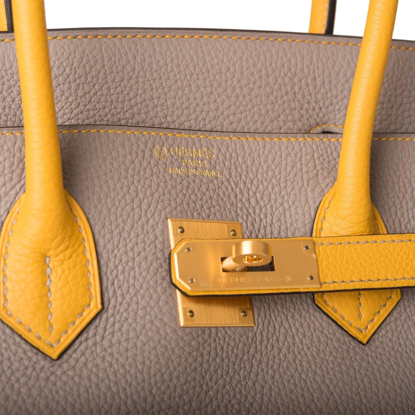 Hermes Special Order (HSS) Birkin 35 Etoupe and Jaune Ambre Togo Brushed Gold Hardware