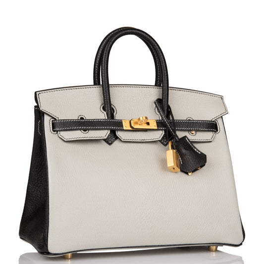 Hermes Special Order (HSS) Birkin 25 Gris Perle and Black Chèvre Brushed Gold Hardware