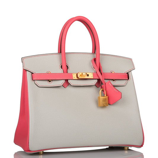 Hermes Special Order (HSS) Birkin 25 Gris Perle and Rose Azalee Chèvre Brushed Gold Hardware