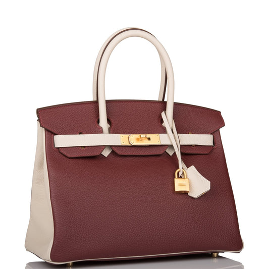 Hermes Special Order (HSS) Birkin 30 Rouge H and Craie Togo Brushed Gold Hardware