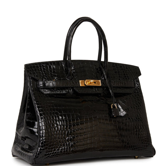 Pre-owned Hermes Birkin 35 Black Shiny Porosus Crocodile Gold Hardware