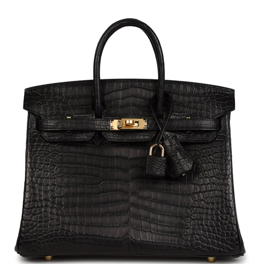 Hermes Birkin 25 Black Matte Porosus Crocodile Gold Hardware