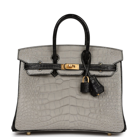 Hermes Special Order (HSS) Birkin 25 Gris Perle and Black Matte Alligator Brushed Gold Hardware