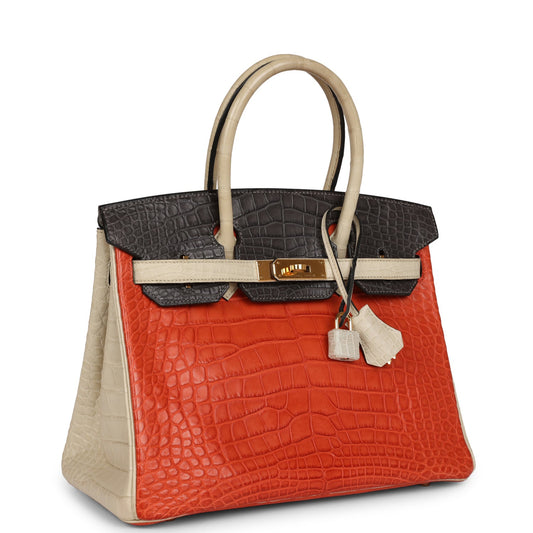 Hermes Special Order (HSS) Birkin 30 Beton, Graphite and Sanguine Matte Alligator Gold Hardware