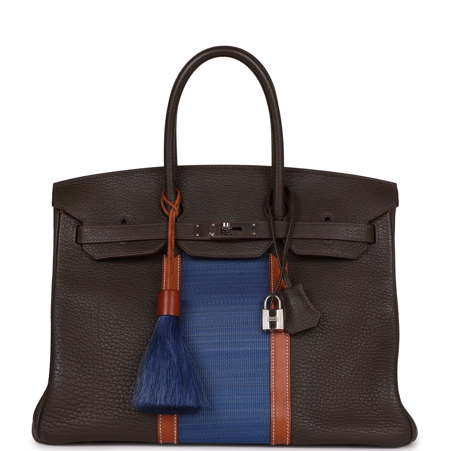 Pre-owned Hermes Birkin Club 35 Vert Bronze, Blue Thalassa, Fauve Barenia Fjord & Ottomane Palladium Hardware