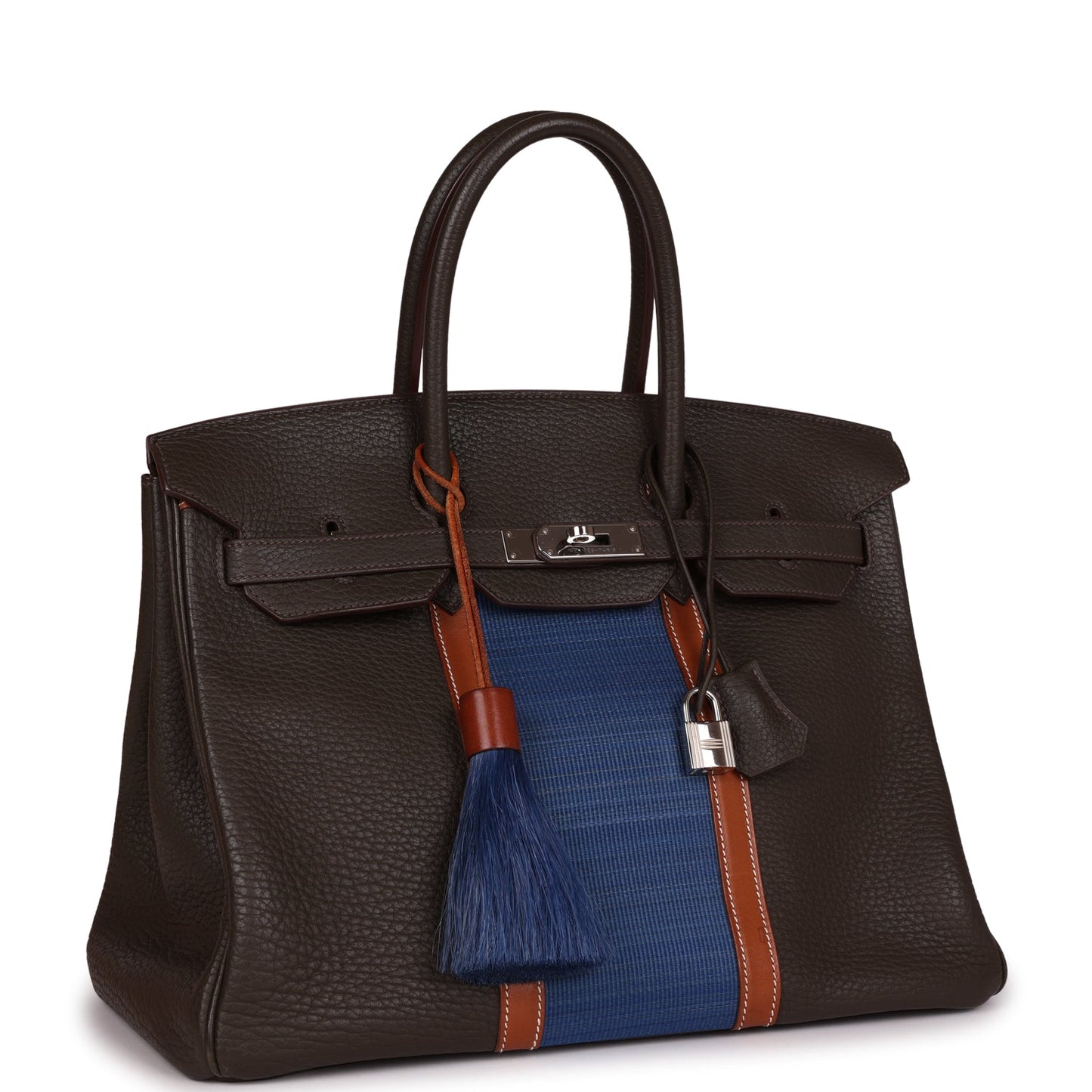 Pre-owned Hermes Birkin Club 35 Vert Bronze, Blue Thalassa, Fauve Barenia Fjord & Ottomane Palladium Hardware