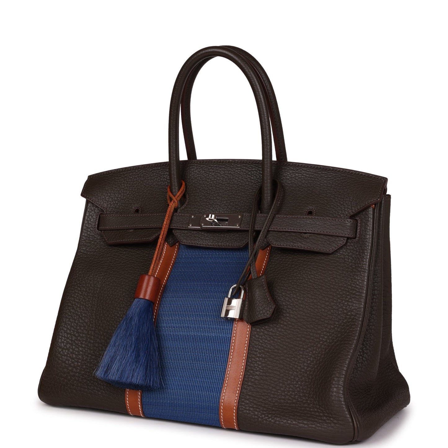 Pre-owned Hermes Birkin Club 35 Vert Bronze, Blue Thalassa, Fauve Barenia Fjord & Ottomane Palladium Hardware