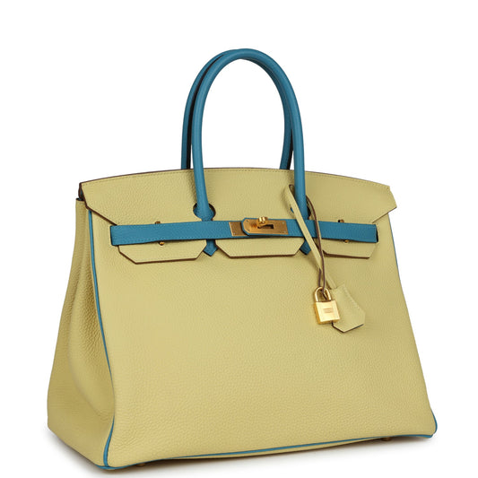 Pre-owned Hermes Special Order (HSS) Birkin 35 Jaune Poussin and Bleu Paradise Togo Brushed Gold Hardware