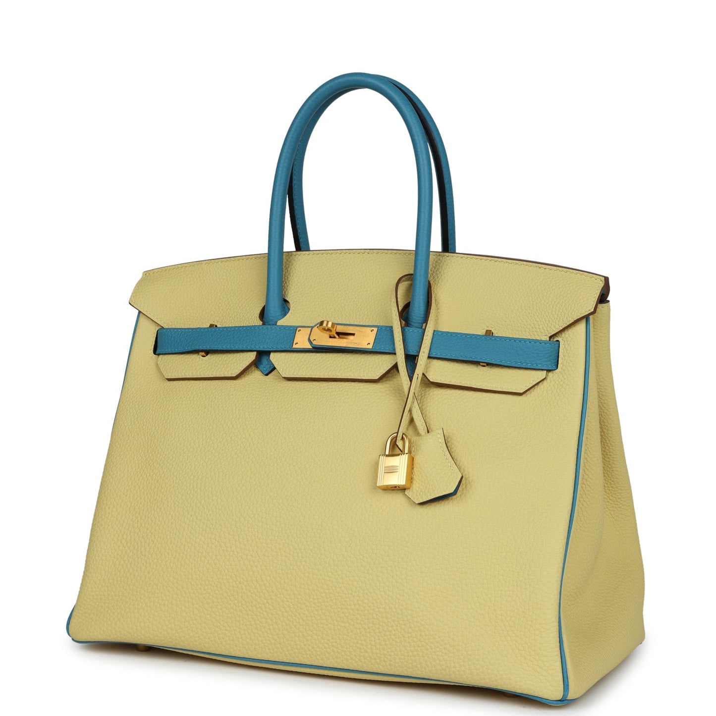 Pre-owned Hermes Special Order (HSS) Birkin 35 Jaune Poussin and Bleu Paradise Togo Brushed Gold Hardware