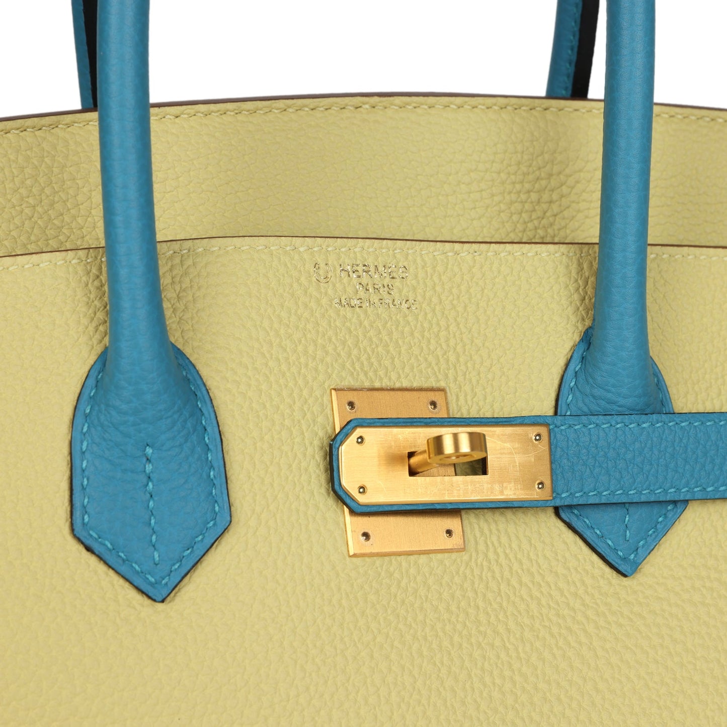 Pre-owned Hermes Special Order (HSS) Birkin 35 Jaune Poussin and Bleu Paradise Togo Brushed Gold Hardware