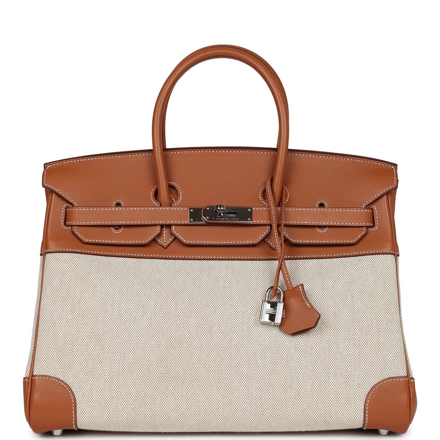 Pre-owned Hermes Birkin 35 Toile H and Fauve Barenia Palladium Hardware