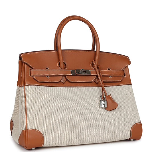 Pre-owned Hermes Birkin 35 Toile H and Fauve Barenia Palladium Hardware