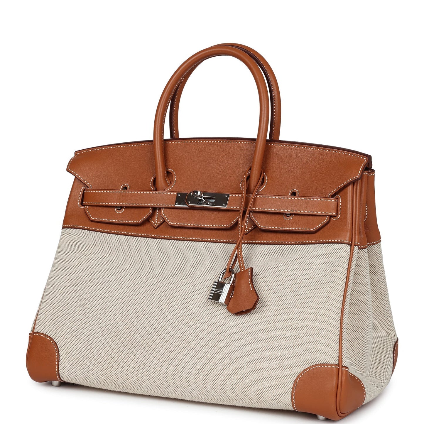 Pre-owned Hermes Birkin 35 Toile H and Fauve Barenia Palladium Hardware