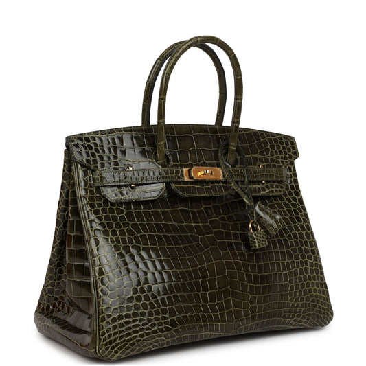 Pre-owned Hermes Birkin 35 Vert Veronese Shiny Porosus Crocodile Gold Hardware