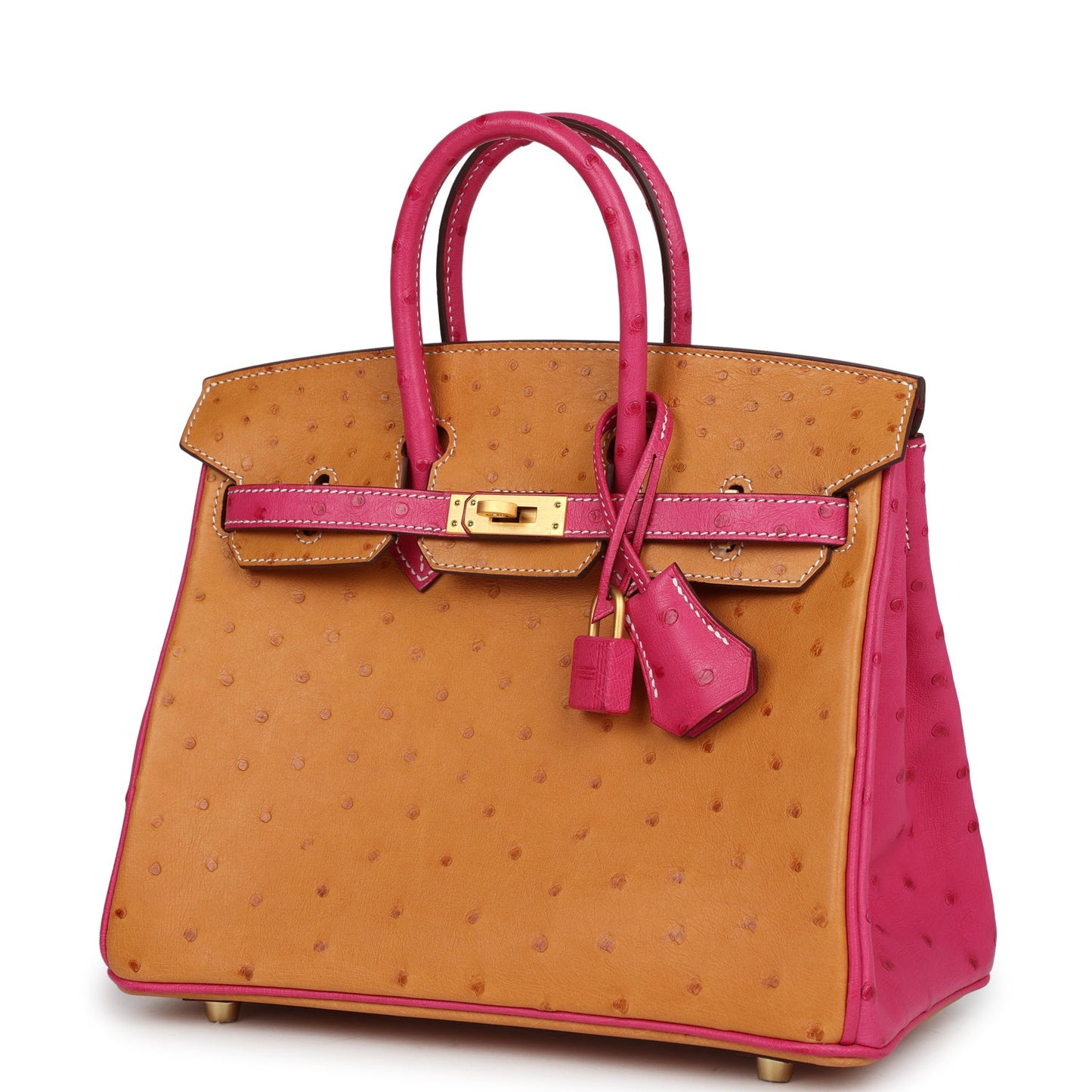 Hermes Special Order (HSS) Birkin 25 Gold and Rose Tyrien Ostrich Brushed Gold Hardware