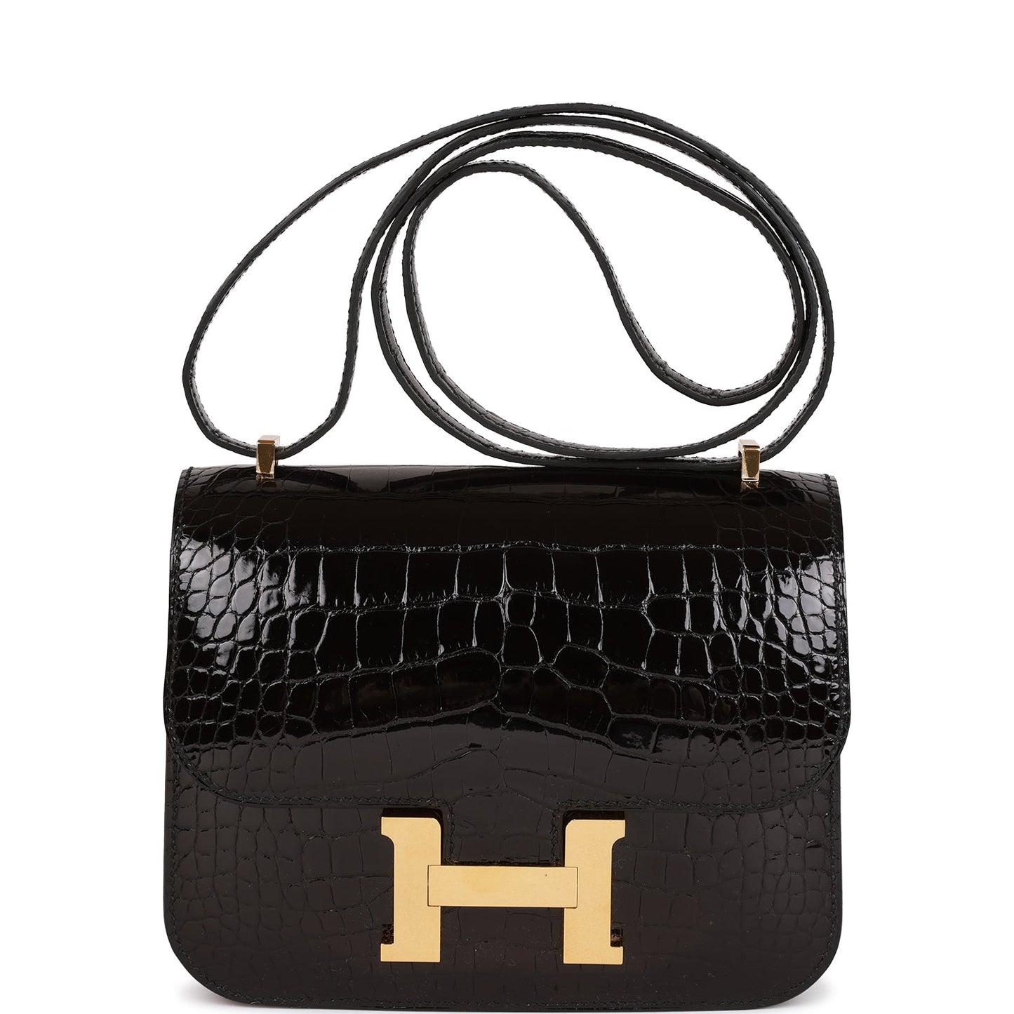 Pre-owned Hermes Constance 18 Black Shiny Alligator Gold Hardware