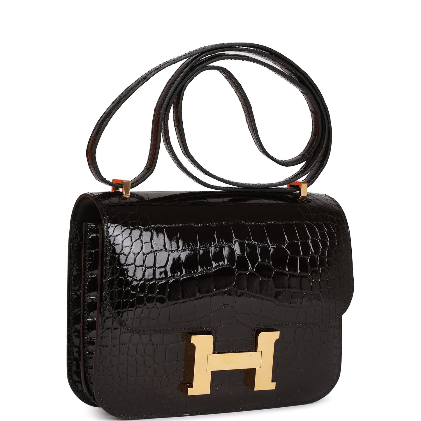 Pre-owned Hermes Constance 18 Black Shiny Alligator Gold Hardware