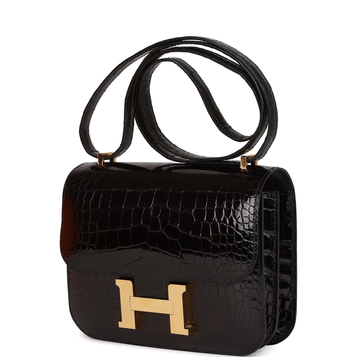 Pre-owned Hermes Constance 18 Black Shiny Alligator Gold Hardware