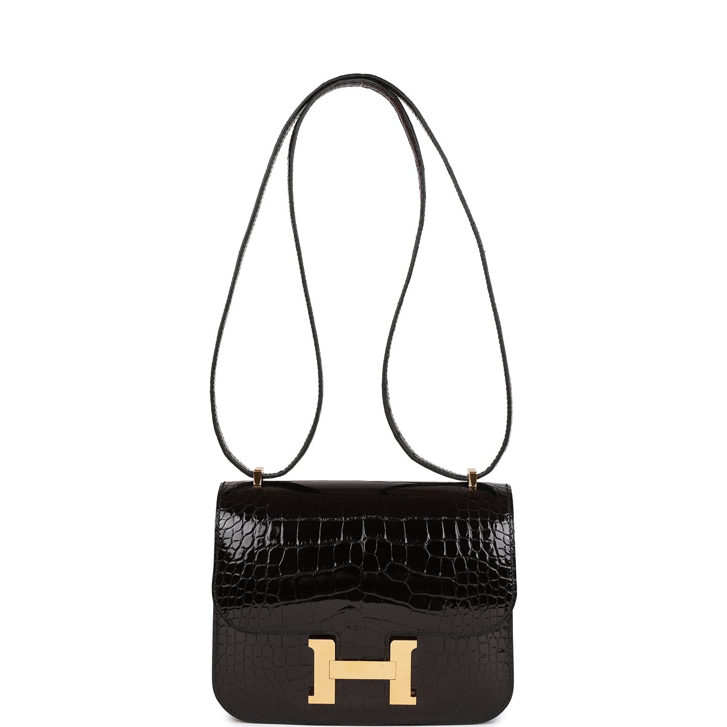 Pre-owned Hermes Constance 18 Black Shiny Alligator Gold Hardware