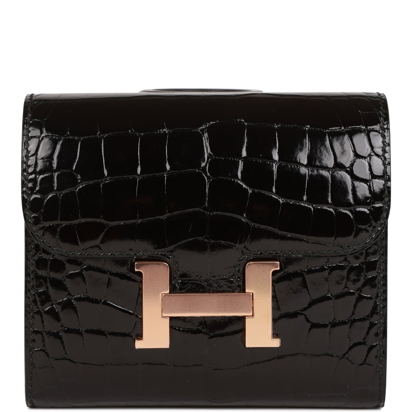 Hermes Constance Compact Wallet Black Shiny Alligator Rose Gold Hardware